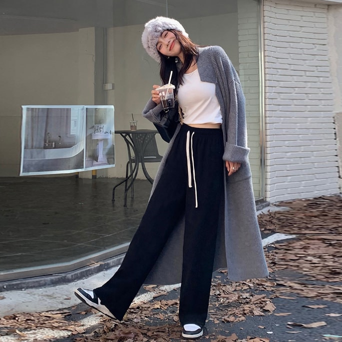 New Drawstring High Waisted Straight Leg Pants Look Slim And Versatile Wide Leg Casual Pants In Black L