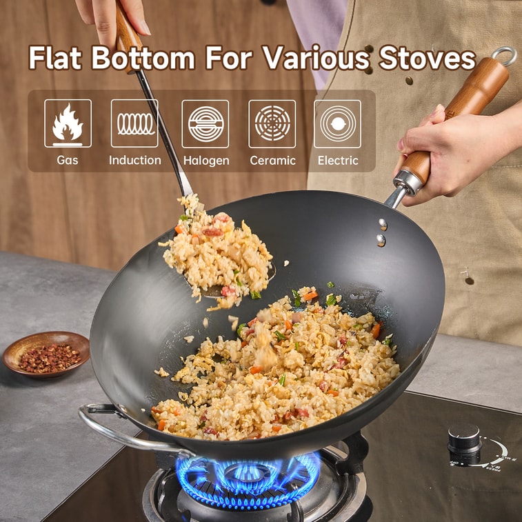 王源吉 ⭐入門款⭐【爆炒鍋+手鍛煎鍋】 中式爆炒鍋 32cm 大口徑炒菜鍋 無塗層精鐵鍋 附鍋蓋 手鍛煎鍋26cm 瓦斯電磁爐適用 (不易生鏽 無塗層) 5