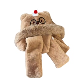 【中国直邮】 HSPM 卡通眼镜猫毛绒帽子围巾手套三件套女冬季加绒加厚骑车保暖一体帽 咖啡眼镜喵F 1个