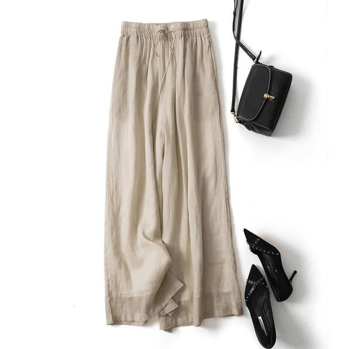 Chinese Style Linen-Cotton Double Layer Wide-leg Pants with Tie Biege L
