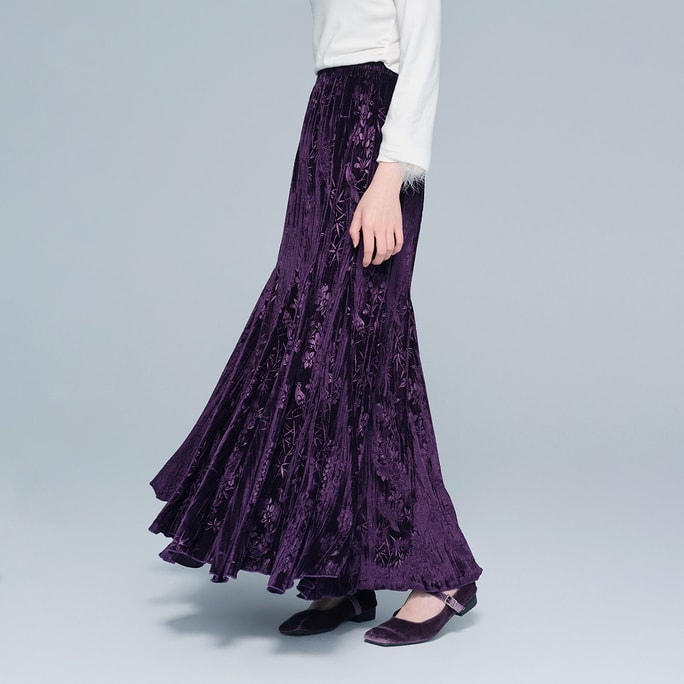 【中國直郵】 HSPM 絲絨褶皺半身裙 高腰復古 新款加厚褶皺壓花長裙 深紫色M