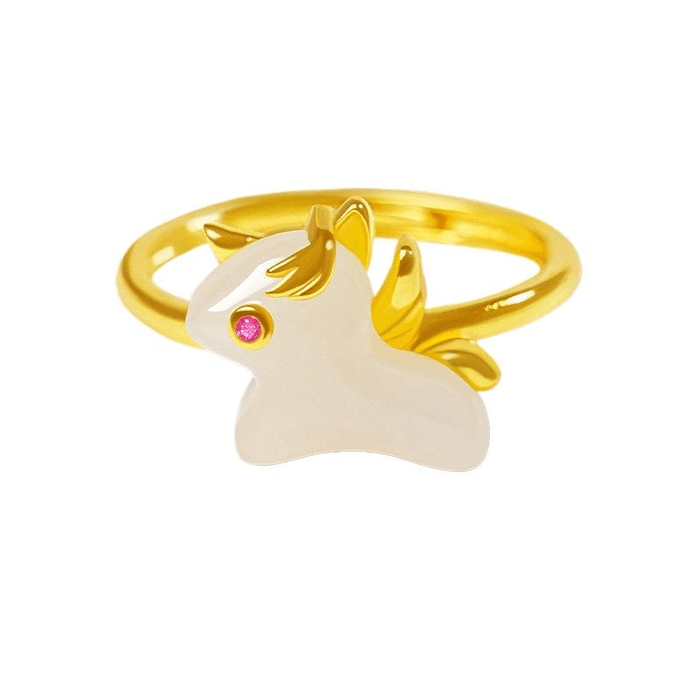 [중국 직배송] 자금성 타오바오 스토어 - 궁중 신상품: 여성용 "즉석 재물" 반지 (조랑말 디자인, 천연 허톈 옥, 13*11mm)