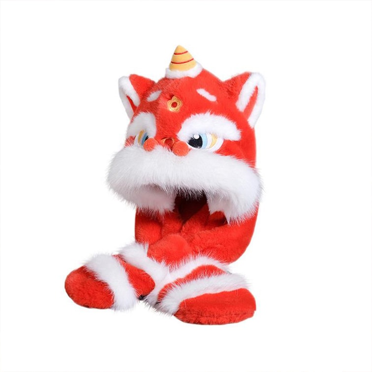 【中国直送】HSPM 新年帽子 レディース かわいい赤い獅子舞帽子 暖かくてふわふわ 動く耳付き 1個 6