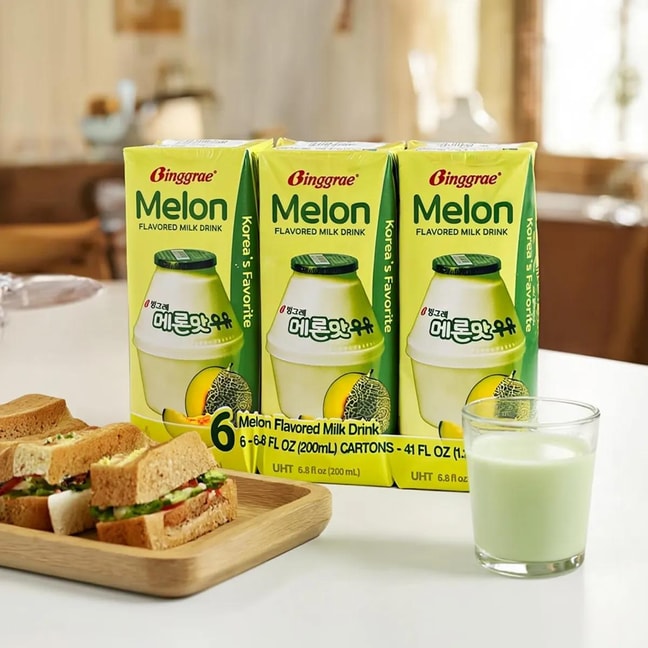 Melon Flavored Milk Drink,Korean Sweet and Creamy Beverage,6.76 fl oz*6 Packs【Trending on TikTok】