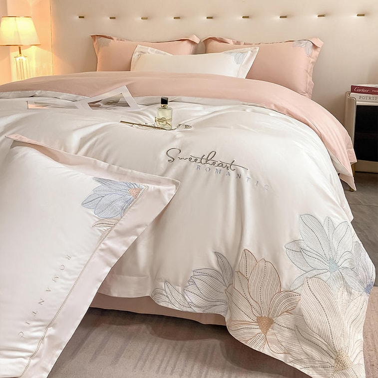 [중국발 다이렉트 메일] 룰라바이 헵번 스타일 자수 80수 롱 스테이플 코튼 4피스 세트(시트*1+이불 커버*1+베갯잇*2) 침구, 시트, 이불 커버, 베갯잇, 화이트 더블 사이즈 3