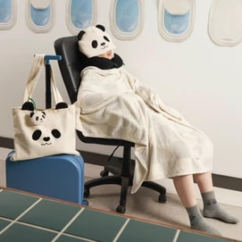 Panda Pompom 3-Piece Travel Set, Neck Pillow + Blanket + Canvas Tote, Essential for Travel Rest