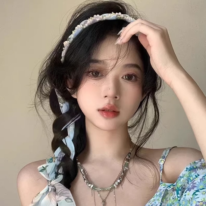 HSPM レディース 花柄編みヘアバンド シルクスカーフ リボン ヘッドバンド パール付き 高級ヘアバンド ブルーフラワーパールヘアバンド (1個)