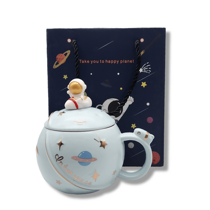 【新年送好礼】 火箭星球马克杯 创意太空宇航员水杯 大容量咖啡杯陶瓷杯子 礼盒装 天蓝色 1套