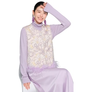 [中国直送] HSPM 新中国風レーストリム プラッシュ装飾 キルティングベスト/ノースリーブジャケット プリント パープル サイズ M