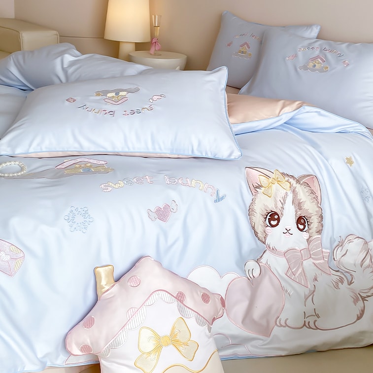 Cute Kitty Embroidery Bedding Set For 1.2m Bed. 60S Long Staple 100% Cotton, Soft & Skin-friendly. Glossy, Breathable Cat Applique Bed Linen For Bedroom, Dorm Or Rental. Sweet Girl Home Decor. 6