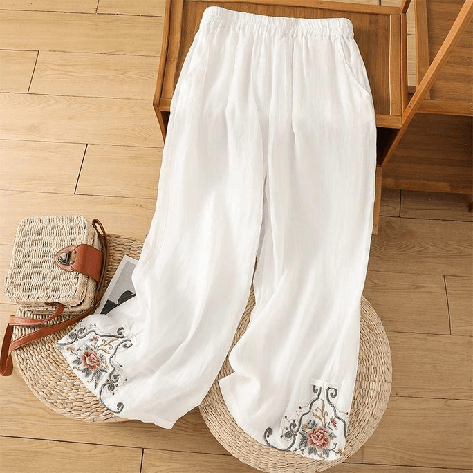 Chinese Style Cotton and Linen Loose Embroidered Casual Wide-leg Pants White XL