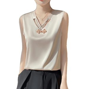 【中國直郵】 ASIS 新中式V領緞面無袖背心上衣-香檳色 M