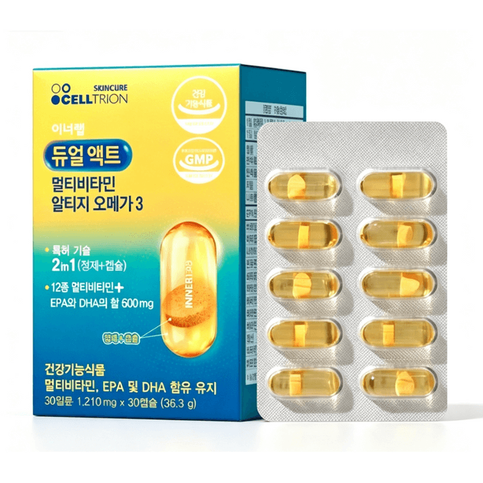 【韓国直郵】韓国CELLTRION Innerlab Dual Act 2-in-1 Omega-3複合フィッシュオイルカプセル 1210mg×30粒 フィッシュオイル複合ビタミン成人用栄養補助食品ソフトカプセル