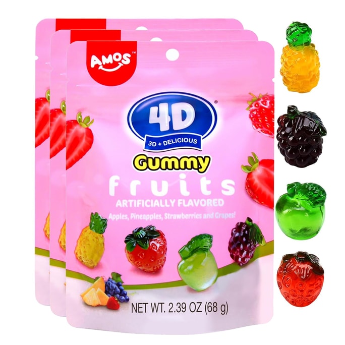 AMOS 4D Gummy Candy Fruit Snacks 3D Fruit Shaped Gummies Contain Real Fruit Juice Gluten Free For Party or Cupcake