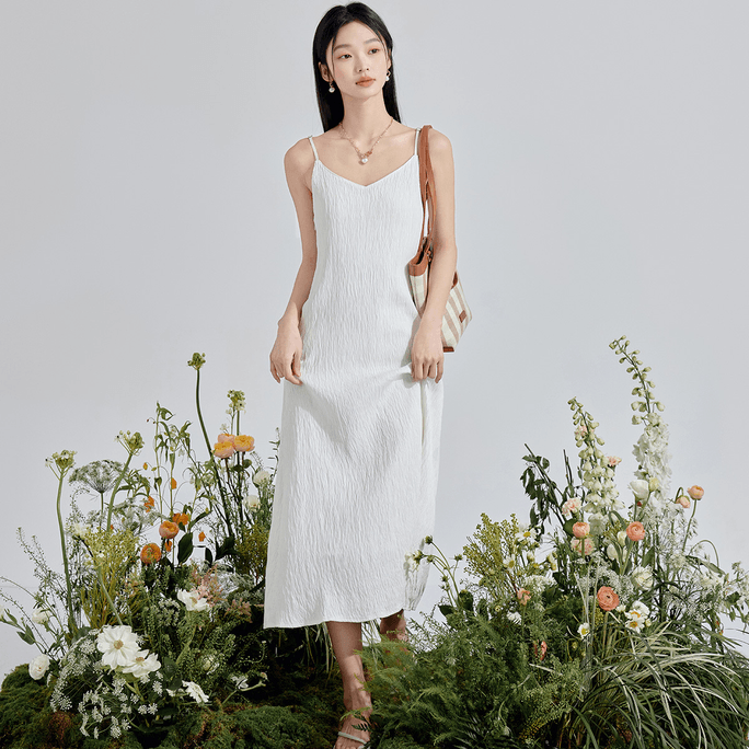 【中国直邮】HSPM 新款褶皱肌理感吊带连衣裙 白色常规款 M