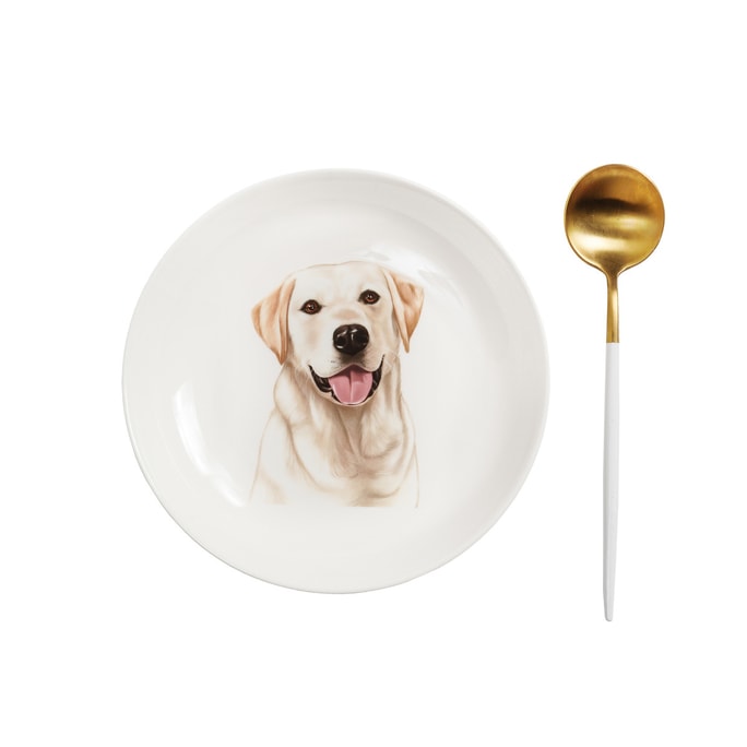Petorama陶瓷宠物肖像中间印花8“圆形餐盘+陶瓷把手金色不锈钢餐勺套装-拉布拉多