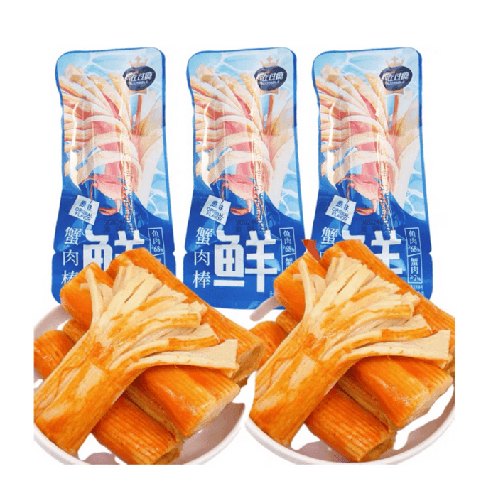 Hand-shredded crab meat sticks, a popular spicy snack and casual treat, satisfying your cravings. With 68% fish meat content, these crab flavor sticks come in original flavor, 26g*3 pieces