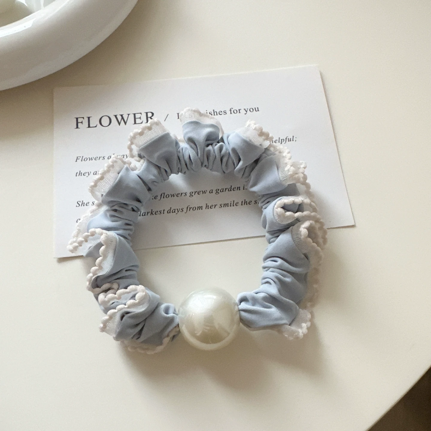 糖宝好物 韩系奶油蓝色发圈珍珠花边小肠圈氛围感布艺褶皱头绳皮筋少女发绳珍珠波浪边款2个