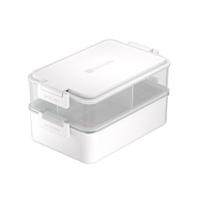 Stackable Leakproof Bento Lunch Box for Adults  Built-in Sauce Cups  Fork and Spoon Chalk White