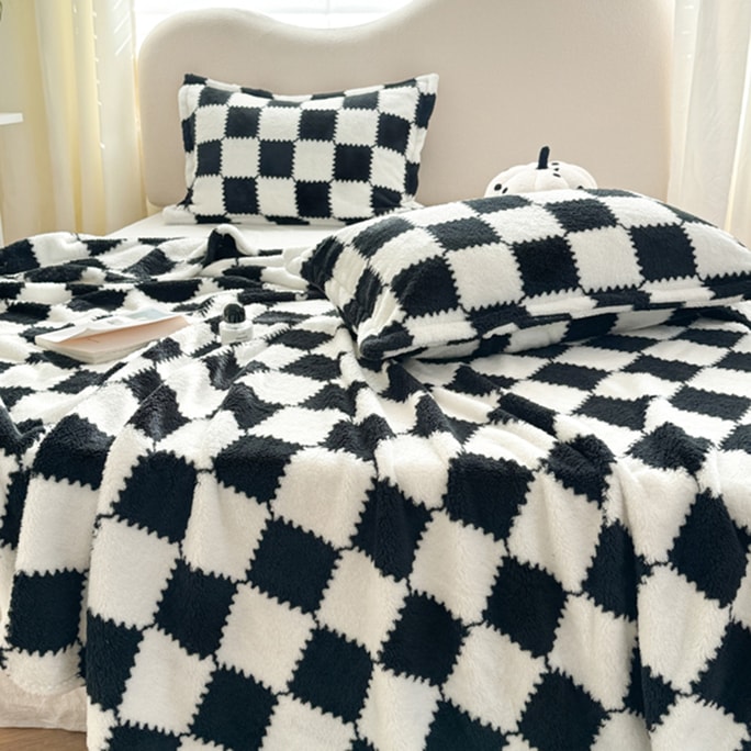 Lullabuy 格紋A類長絨毛毯蓋毯熊貓絨 黑色120*200cm