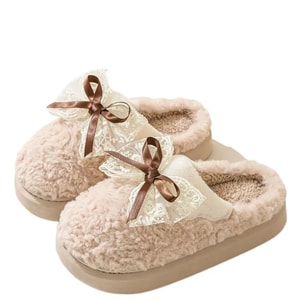 【中国直送】FOXTAIL マルチカラーリボン 秋冬用 綿スリッパ 室内用 ホーム 厚底 暖かい オフホワイト 36-37 (35-36サイズ向けS) 1足 *|到着目安3-4週間