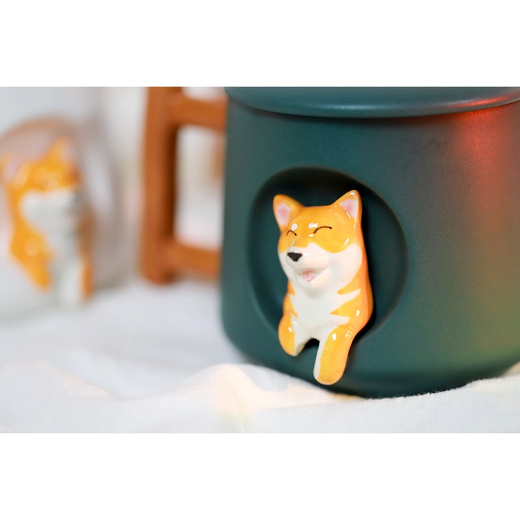 GINKGOHOME Cute Dog Ceramic Mug Wood Handle Design With Spoon And Lid - Green 16oz 8