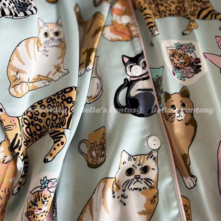 美国 Bella’s Fantasy Bella's Fantasy 赵露思同款猫咪手绘冰丝长袖长裤秋冬睡衣套装超热卖 水蓝色 M 13