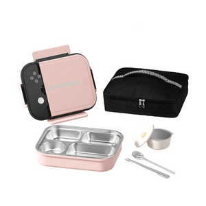 【中國直郵】 晶雅家 316不銹鋼保溫便當盒可進微波爐上班族大容量午餐盒學生分格便當盒 粉紅四格 便當盒+勺筷+湯碗+保溫袋 四件套