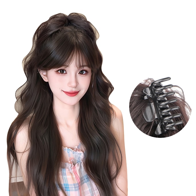 [中国直送] HSPM 新作 レイジー ふわふわ ハーフタイ ハイポニーテール カーリーヘア インターネットセレブ 編み込みウィッグ ウォーターフォール ハイポニーテール - カーリーヘア - ブラウンブラック F