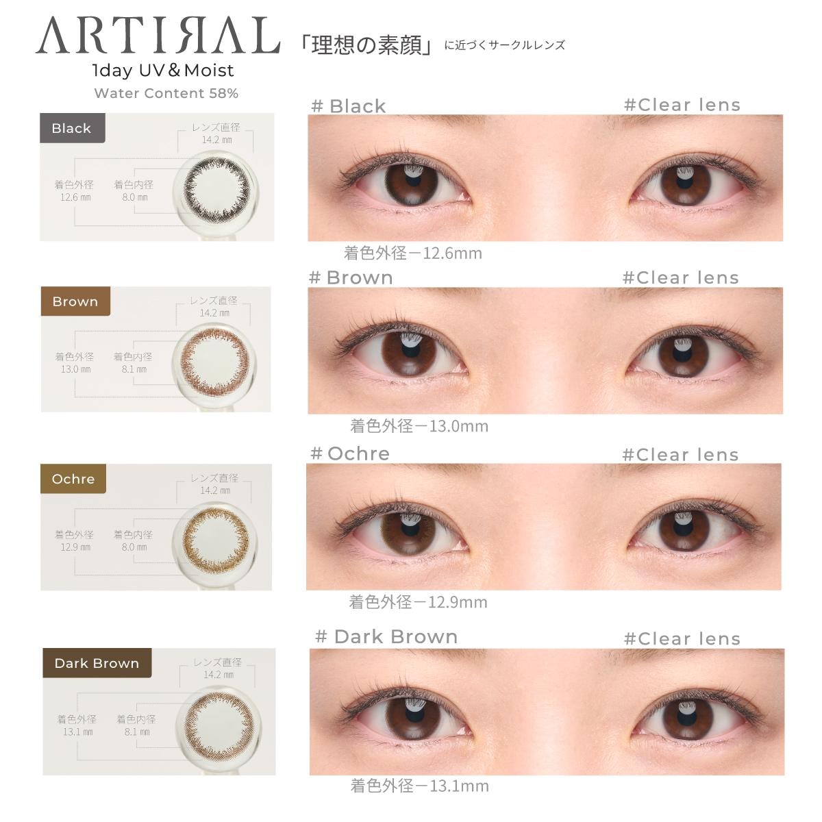 【日本美瞳/日本直邮】 日本 ARTIRAL UVM 日抛美瞳 抗UV 高含水58%  Black 「黑色系」30片装 度数 -3.75(375)预定3-5天 DIA:14.2mm   BC:8.7mm