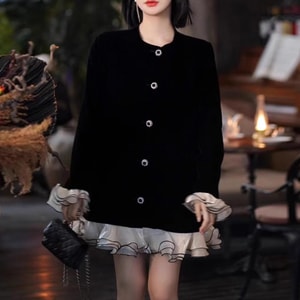 Chanel Style Black Velvet Dress Designed Ruffle Little Black Dress Black Dress S