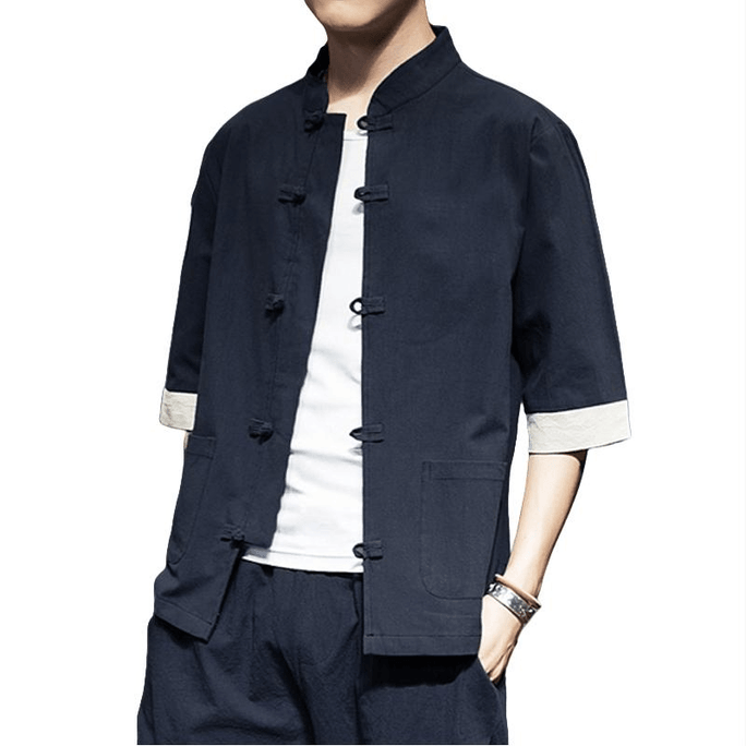 ASIS 중국 스타일 면과 린넨 3부 소매 단색 단추 당나라 정장 Hanfu - 블랙 L
