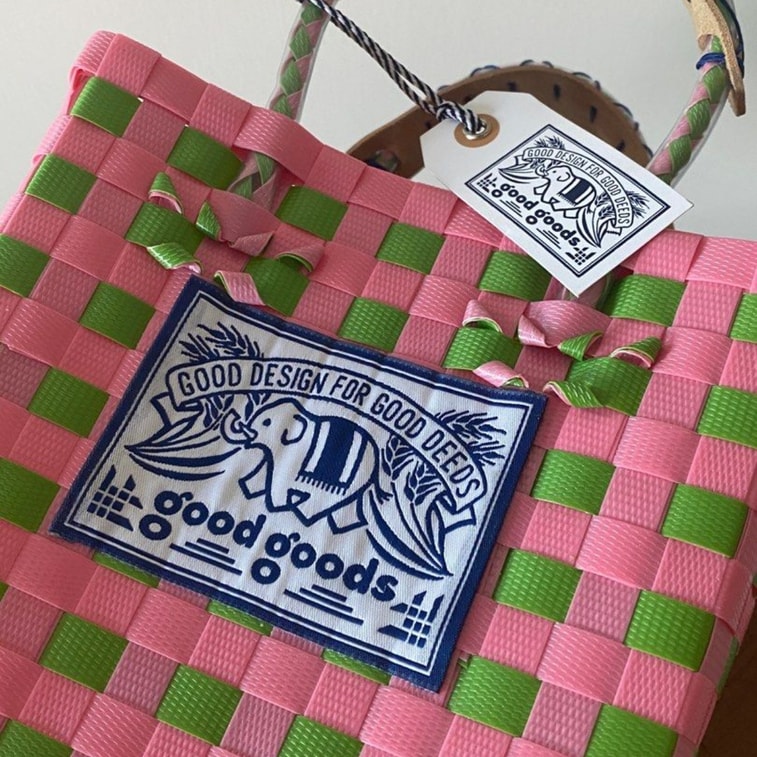 泰國 Goodgoods 小象手工編織手提野餐籃-粉綠拼色【2025爆款】1個 3