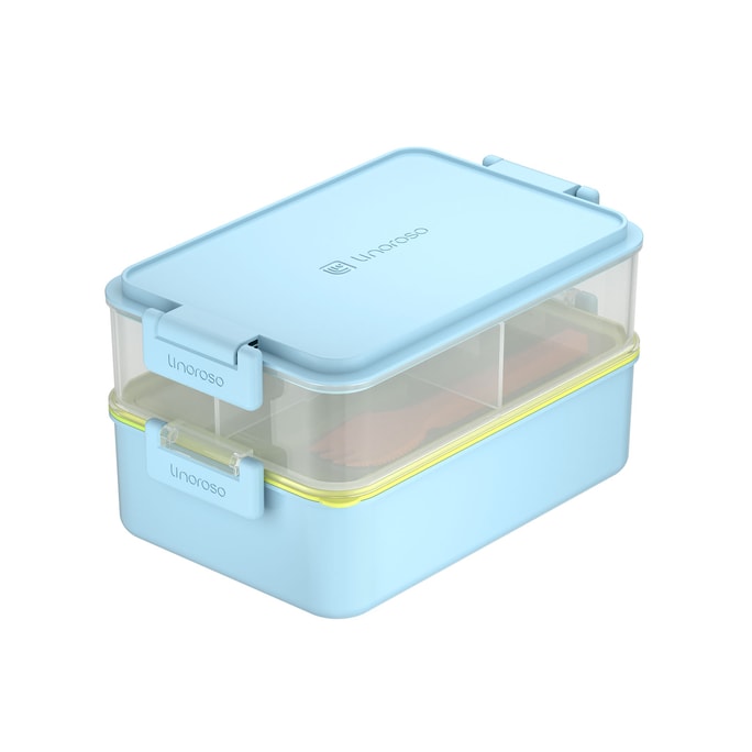 LINOROSO 2 Stackable Leakproof Bento Lunch Box for Adults  Built-in Sauce Cups  Fork and Spoon Canal Blue