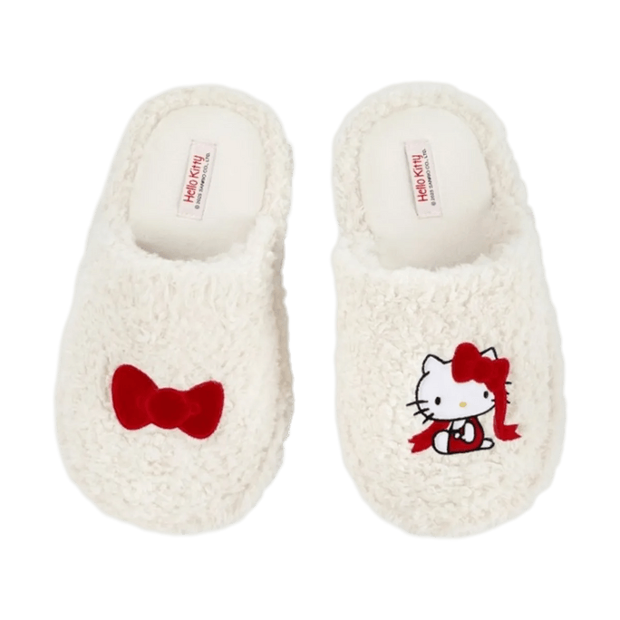 Sanrio Plush Embroidered Slippers, Cream White, 240\/96(36-37) - Indoor\/Outdoor House Shoes【Hello Kitty Limited Edition】