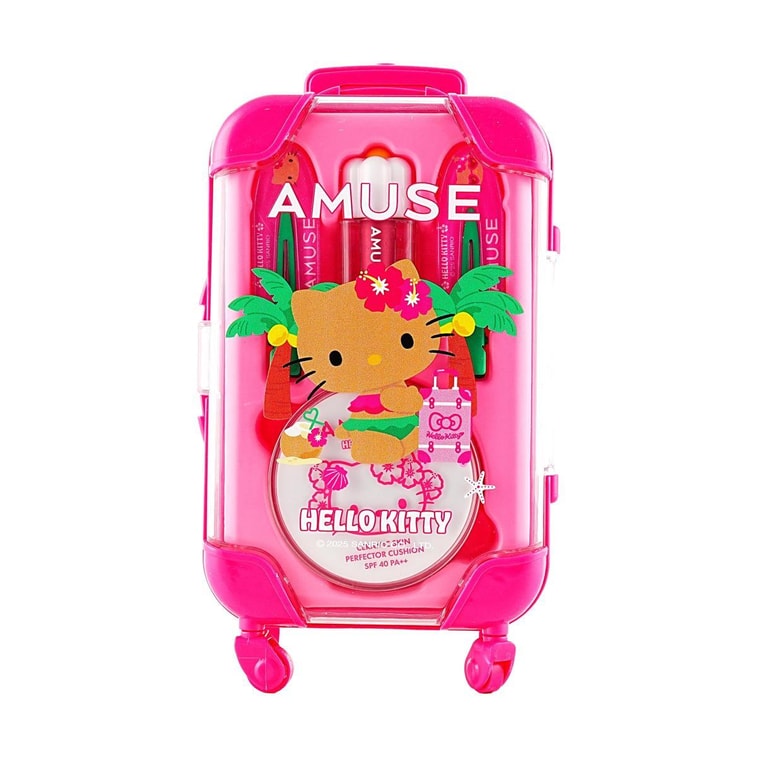 韩国AMUSE 快速完妆迷你行李箱套装 冷调套装 ​陶瓷哑光小白盒气垫粉底迷你装 #1.5 NATURAL 5g + 迷你水光唇釉 #07 + Kitty发夹*2【黑皮Hello Kitty联名限定版】  4