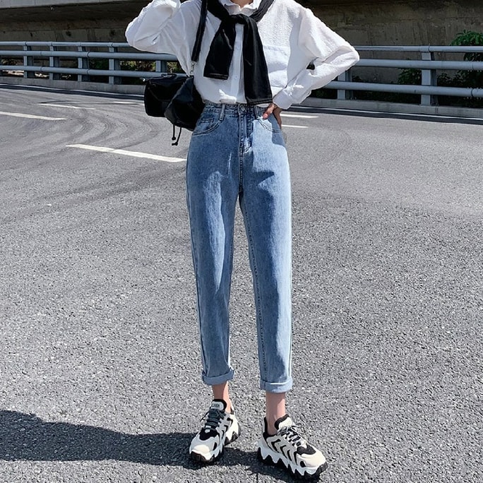 中国直邮 HEY+JEANS 三防黑科技牛仔裤女休闲高腰宽松显瘦九分哈伦裤 浅蓝色 XS