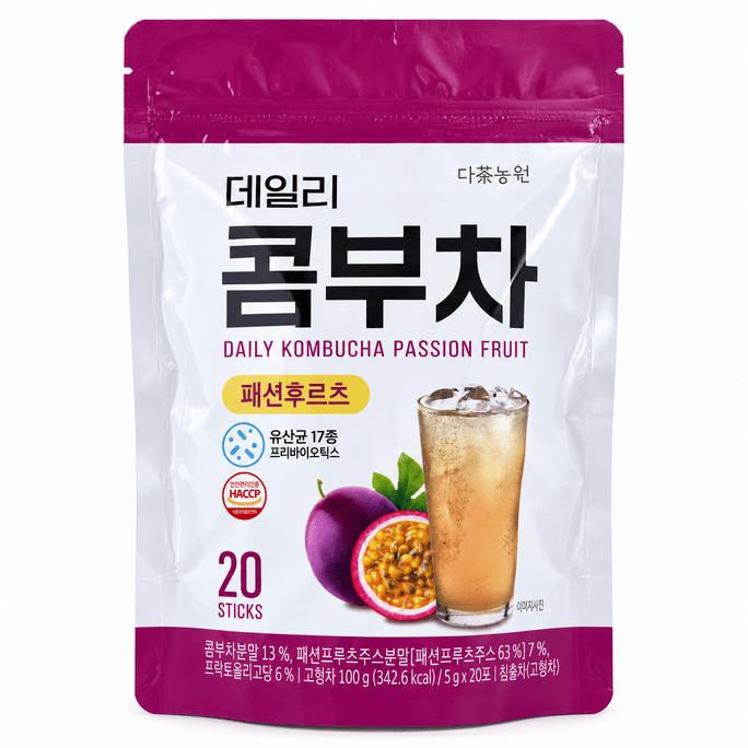 데일리 콤부차 패션프루트, 20 스틱, 각 5g/0.18 Oz. 17종 유산균 & 프리바이오틱스 함유 무설탕 콤부차 드링크 믹스, 저칼로리 패션프루트 티