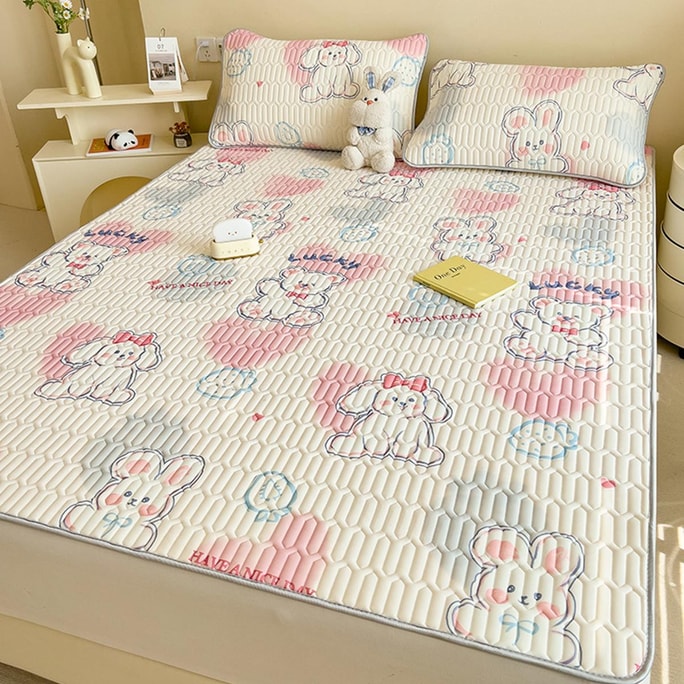 Latex Cooling Mat Set (3pcs), Cooling Bed Mattress Mat, Cute Bunny-Pink, 180*200cm (1 Mat + 2 Pillow cases)