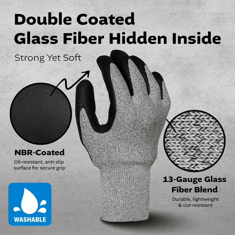 한국 Kproduct4u 회색 유리섬유 장갑 - 검정색 NBR 발포 손바닥 코팅, 사이즈 L, 5켤레 6