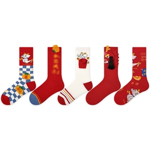 [중국 직배송] HSPM 새해 빨간 양말 선물 세트 - 용의 해 중절모, 신상 겨울 트렌디 빨간 여성 양말, 길조를 기원하는 새해 양말 (5켤레 세트)