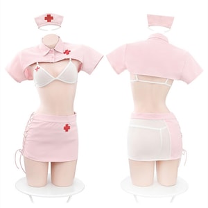 [중국에서 온 다이렉트 메일] Feimu 섹시 란제리 섹시 사이드 스트랩 간호사 세퍼레이트 슈트 핑크 화이트 프리 사이즈