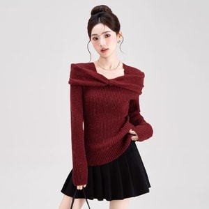 New Bow Tie Lapel Short Sweater Slim Fit And Slimming Thin And Sparkling Knit Sweater Red M
