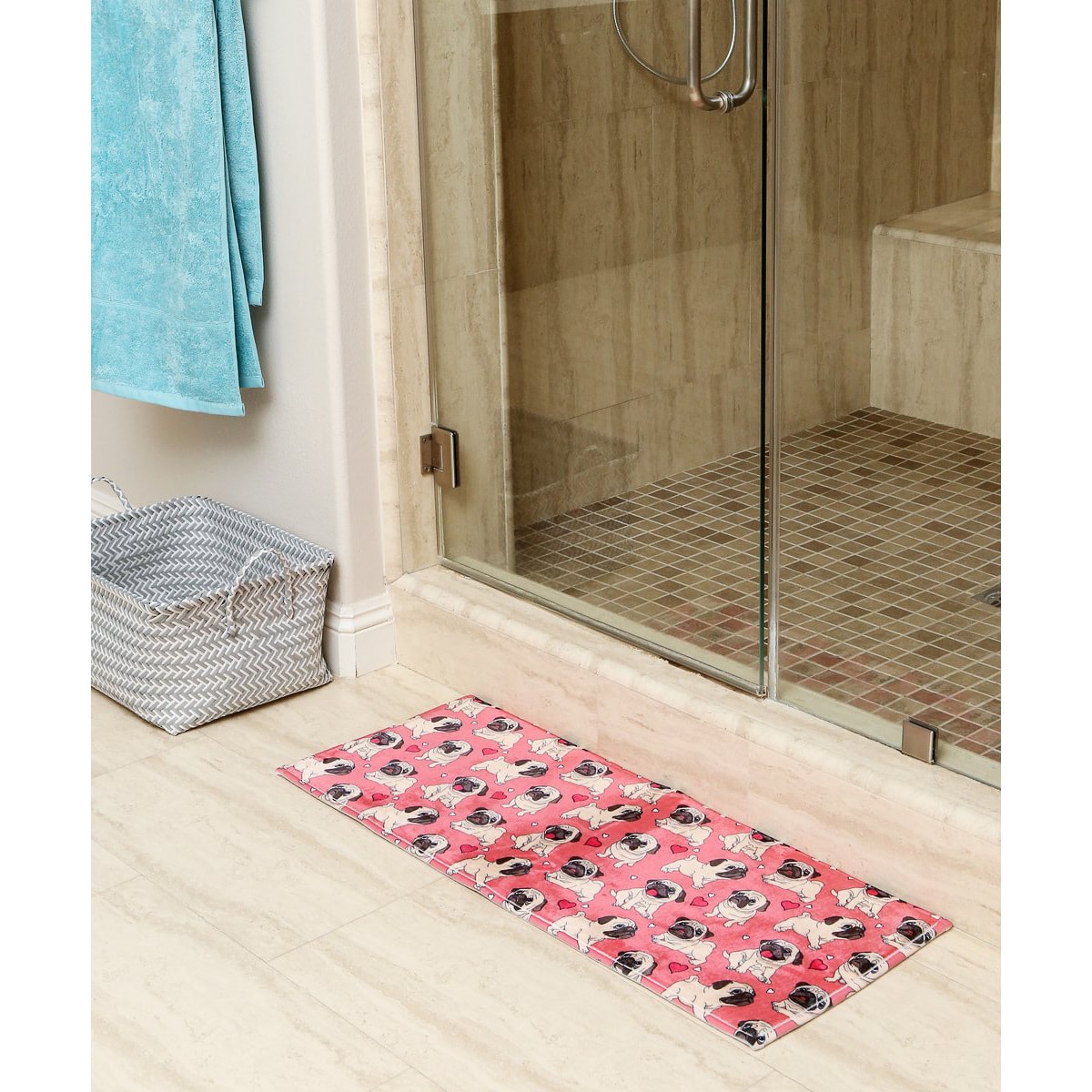 Petorama 超長巴哥犬長方形浴室吸水防滑腳墊 #粉紅色多印花款