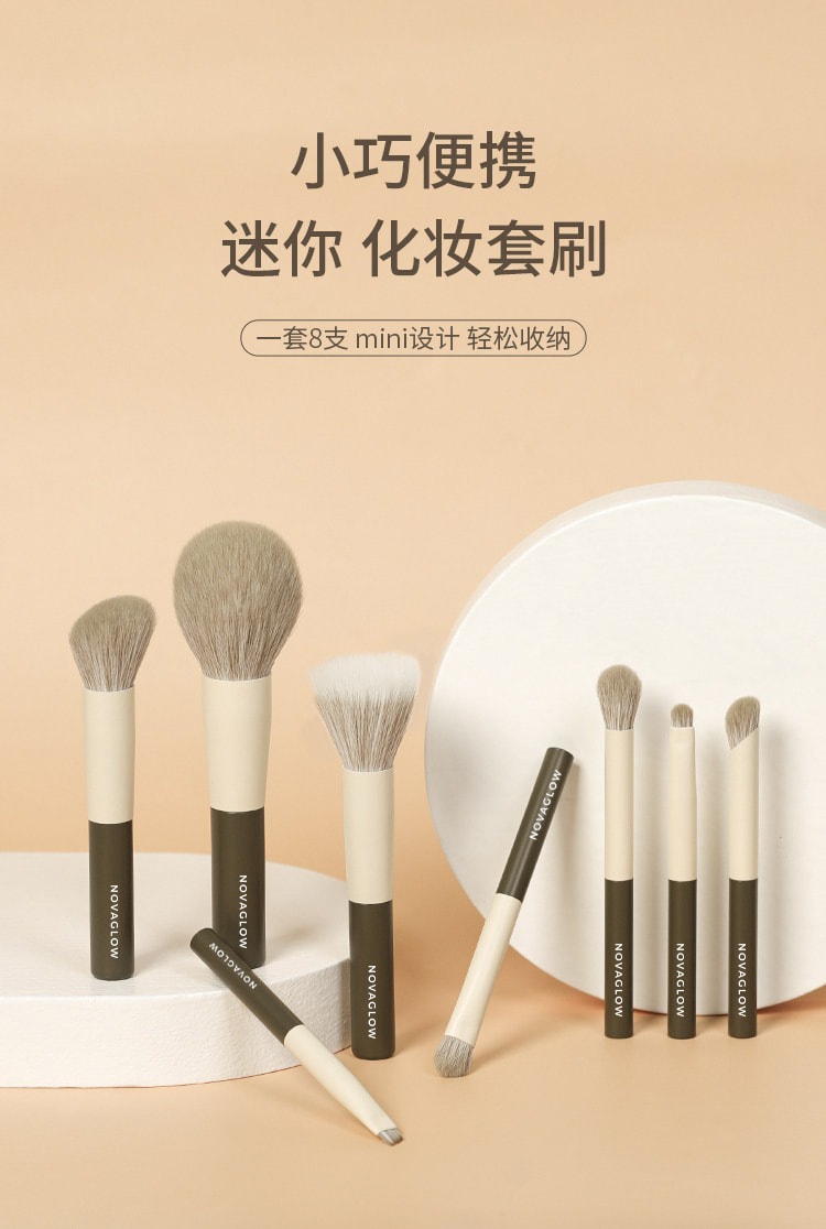 美國 NOVAGLOW 【官方授權旗艦店】Essential Glow 8支Mini旅行便攜式化妝刷套裝 含收納刷包