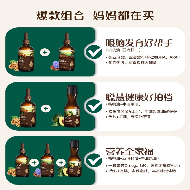 【中國直郵】 英氏 有機核桃油亞麻籽油酪梨油 嬰兒熱炒油輔食油寶寶用油涼拌110ml+110ml+125ml 組合裝