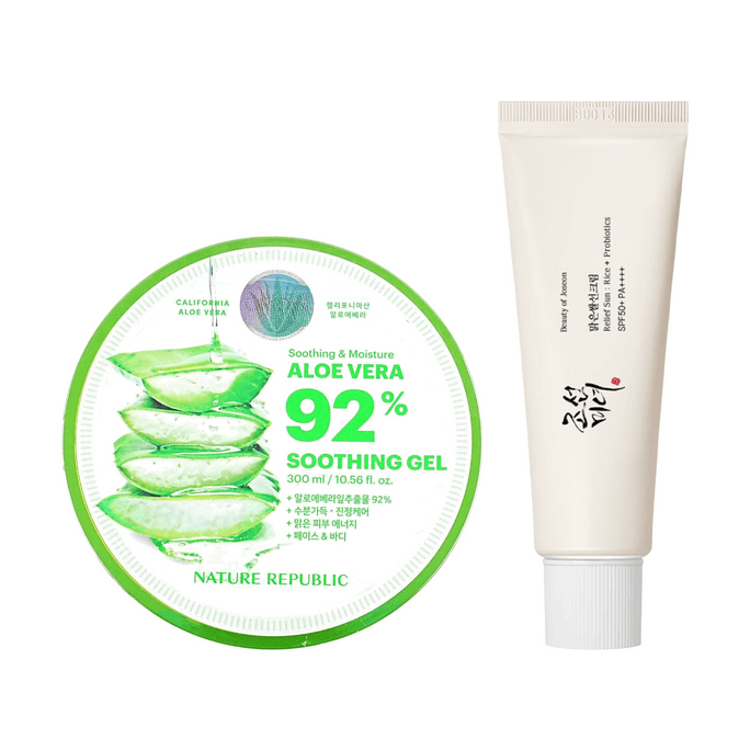 韩国NATURE REPUBLIC自然乐园 芦荟胶 补水修复 300ml×1 + 朝鲜美女 大米益生菌防晒霜 SPF50+ PA++++ 50ml×1【2份超值组合装】