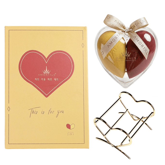 에르무타오 [하트 모양 콤보 팩] 하트 모양 메이크업 스펀지 2개입 - 부드럽고 파우더를 흡수하지 않음 - 더블 하트 디자인 - 피부 친화적인 선물 상자 - 베이스 메이크업을 안전하게 보호