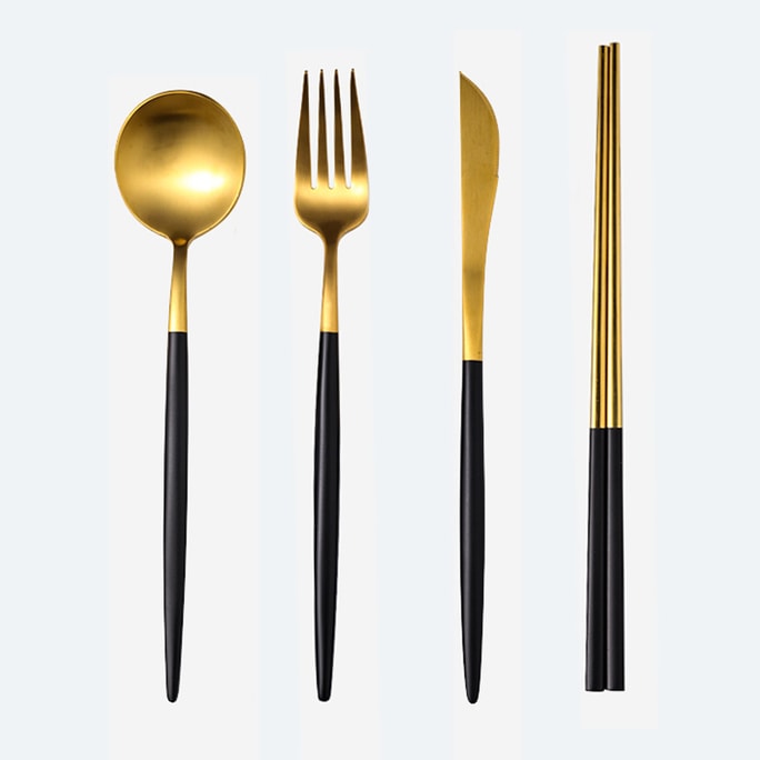 304不銹鋼葡萄牙家用高級餐具甜點刀叉勺套裝西餐 刀叉勺+筷子 黑金四件套
