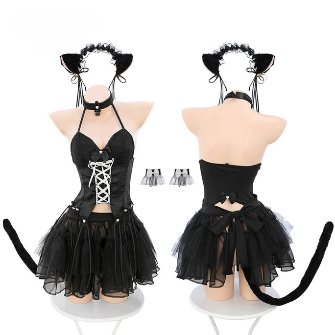 Fun Lingerie Sexy Playful Deep V-neck Tie Waist Tied Cat Women's Clothing Black One Size (No Stockings)